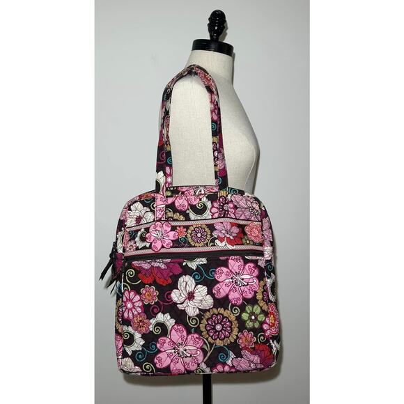 Vera Bradley MOD FLORAL PINK Double Handle Tote Bag Quilted Brown Floral - Picture 2 of 8